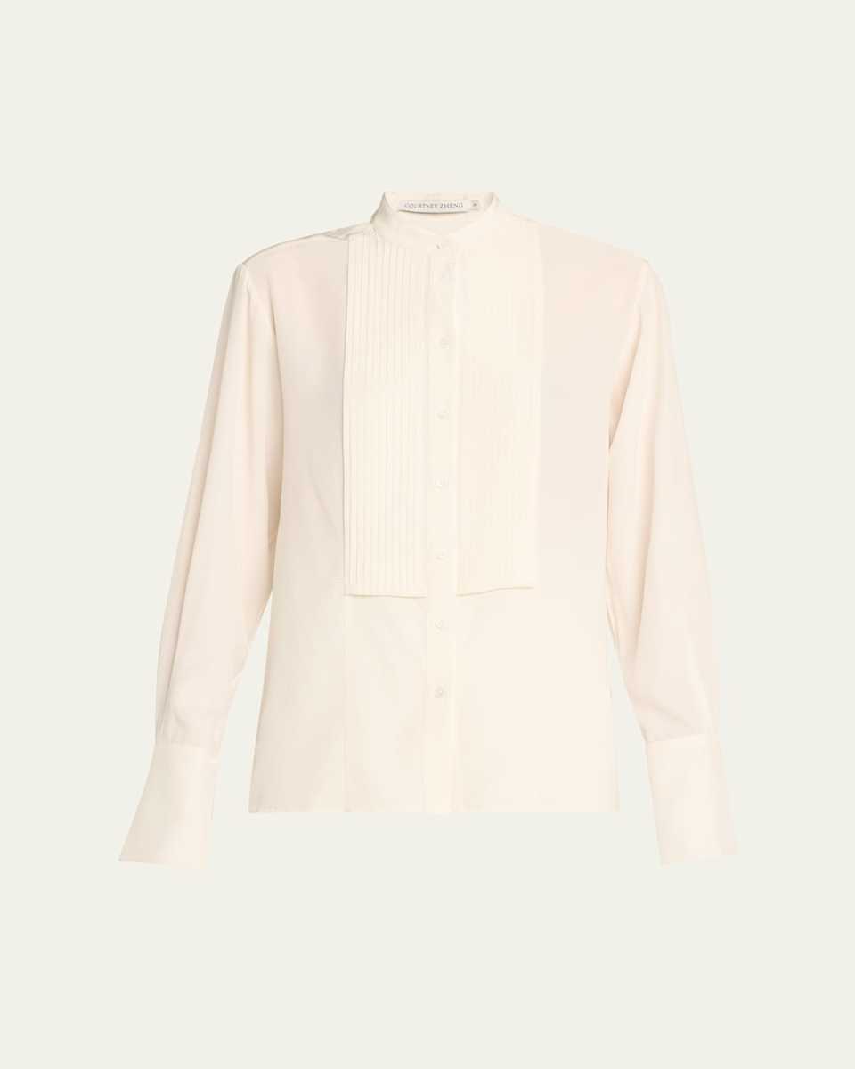 Camille Long-Sleeve Silk Crepe Tuxedo Blous
